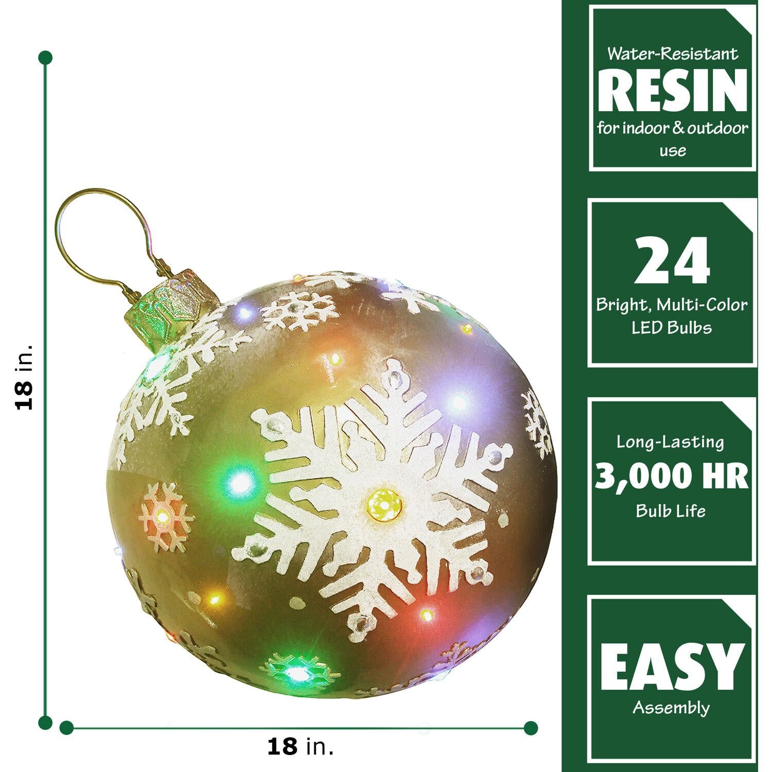 Fraser Hill Farm Indoor/Outdoor Oversized Christmas Decor w/ Long-Lasting LED Lights, 18-In. Jeweled Ball Ornament w/Snowflake  in Gold
