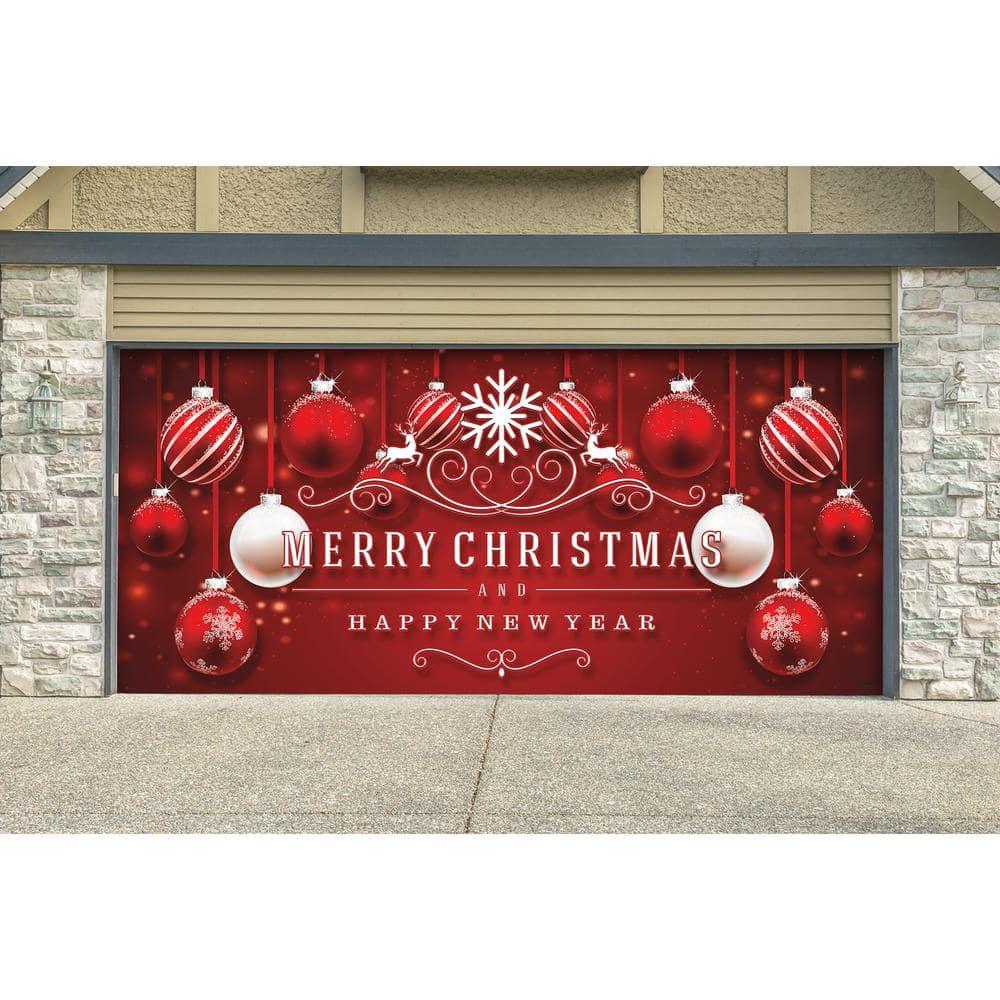 7 ft. x 16 ft. Red Ornaments in Snow Christmas Garage Door Decor Mural for Double Car Garage