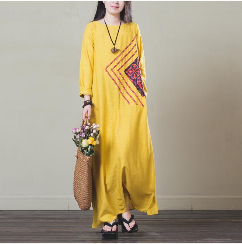 Vintage Yellow Printed Maxi Long Sleeve Dress