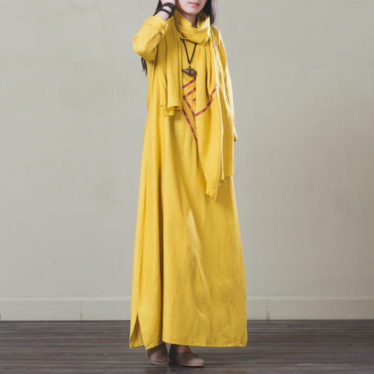 Vintage Yellow Printed Maxi Long Sleeve Dress