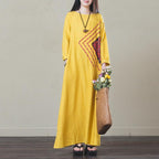 Vintage Yellow Printed Maxi Long Sleeve Dress