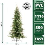 Fraser Hill Farm 7.5-Foot Pre-Lit Buffalo Fir Green Slim Artificial Christmas Tree, Smart Lights, FFBF075-3SN