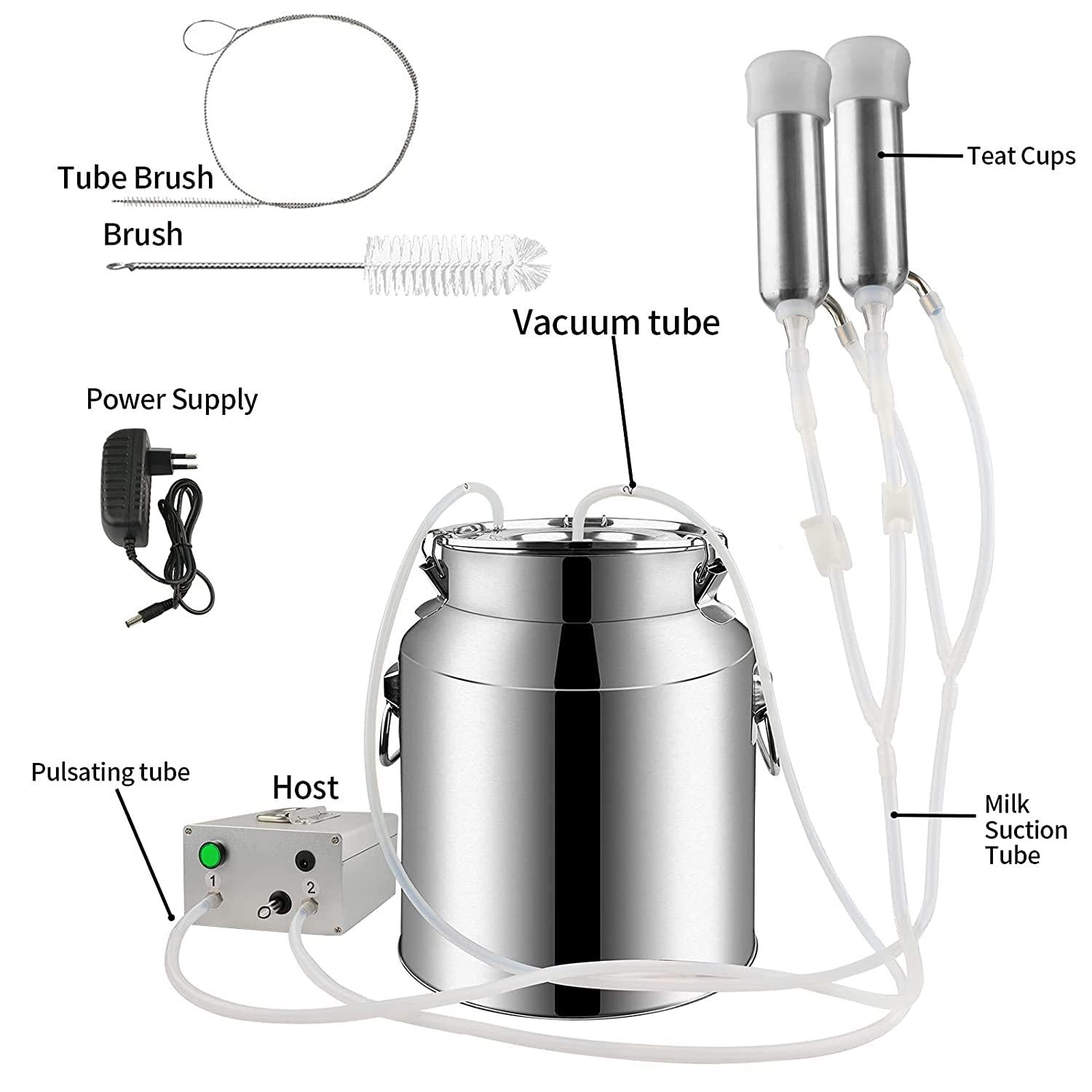 portable cow milking machine, 7l/14l pulsation vacuum pump milker, electric livestock milking equipment w/food-grade bucket, auto-stop milking machine for cows (7l)