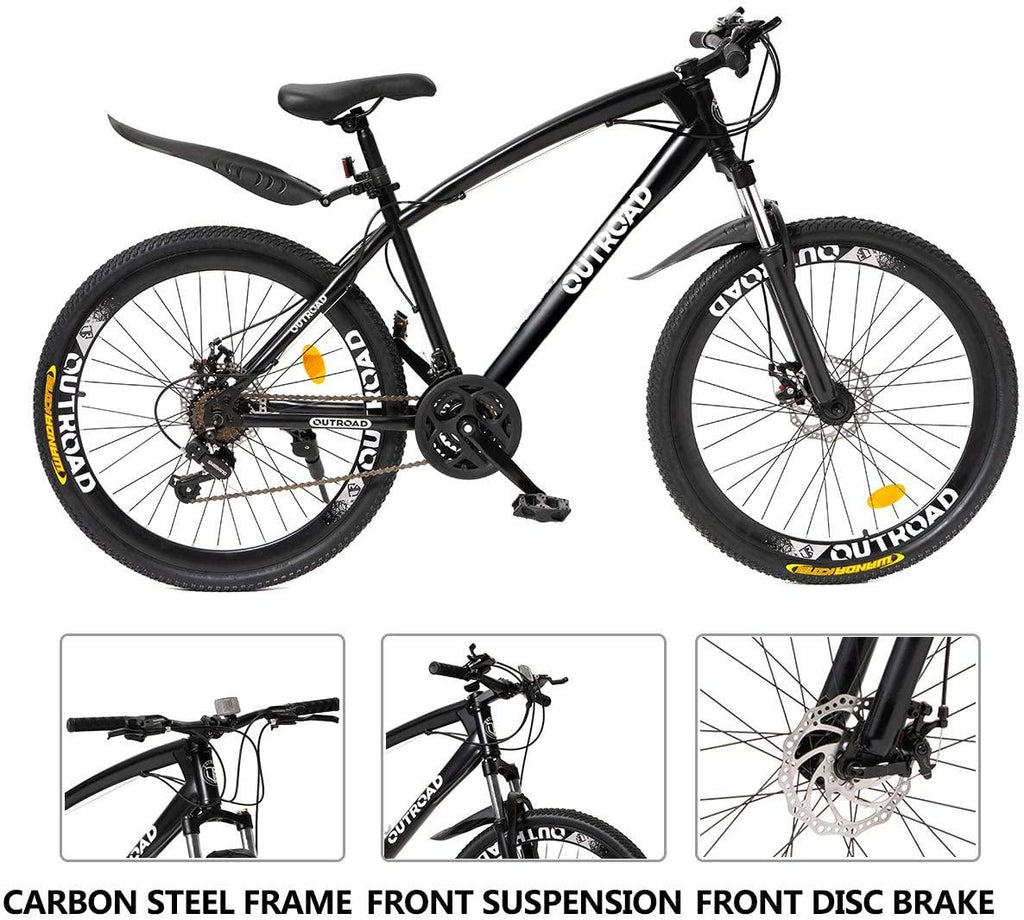 Outroad Mountain Bike 26 Inches Wheels Adult Bicycle, 21 Speeds Trek Bike, Double Disc Brake Suspension Springer Fork Anti-Slip Bikes, Black