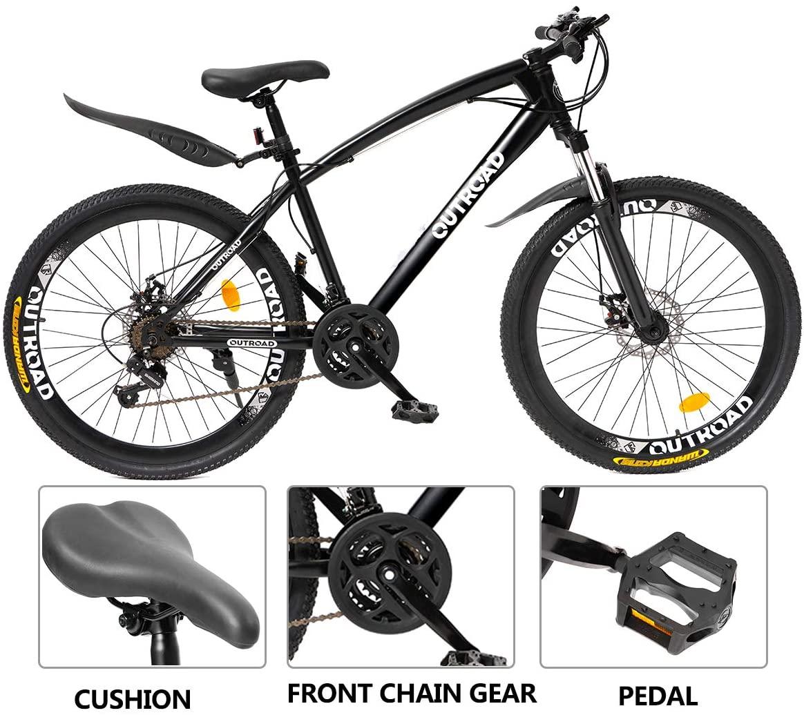 Outroad Mountain Bike 26 Inches Wheels Adult Bicycle, 21 Speeds Trek Bike, Double Disc Brake Suspension Springer Fork Anti-Slip Bikes, Black