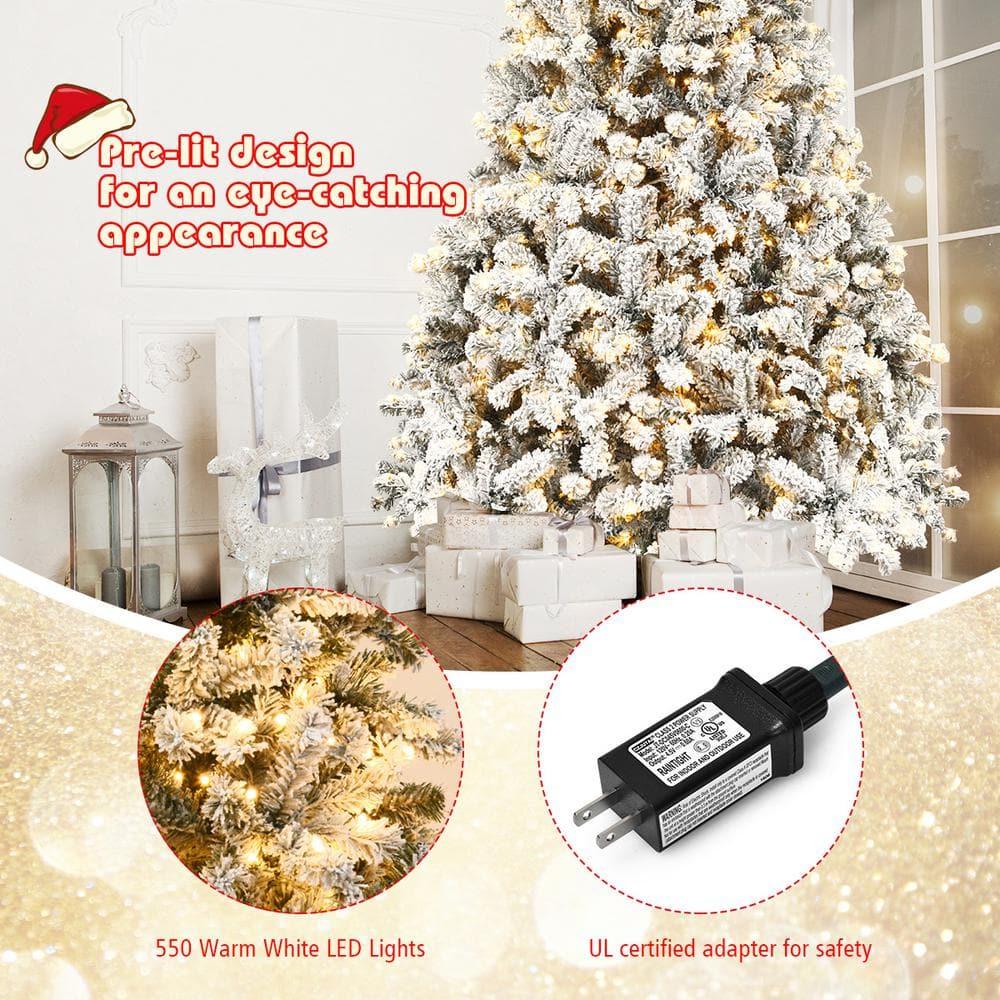 9 ft. Pre-Lit LED Flocked Snow Hinged Pine Artificial Christmas Tree with 550 White Lights