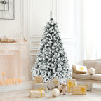 Gymax Warm White Prelit LED Green Snow Flocked Hinged Pine Christmas Tree, with Metal Stand 6'