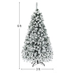 Gymax Warm White Prelit LED Green Snow Flocked Hinged Pine Christmas Tree, with Metal Stand 6'