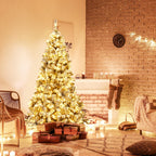 Gymax Warm White Prelit LED Green Snow Flocked Hinged Pine Christmas Tree, with Metal Stand 6'