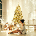 Gymax Warm White Prelit LED Green Snow Flocked Hinged Pine Christmas Tree, with Metal Stand 6'