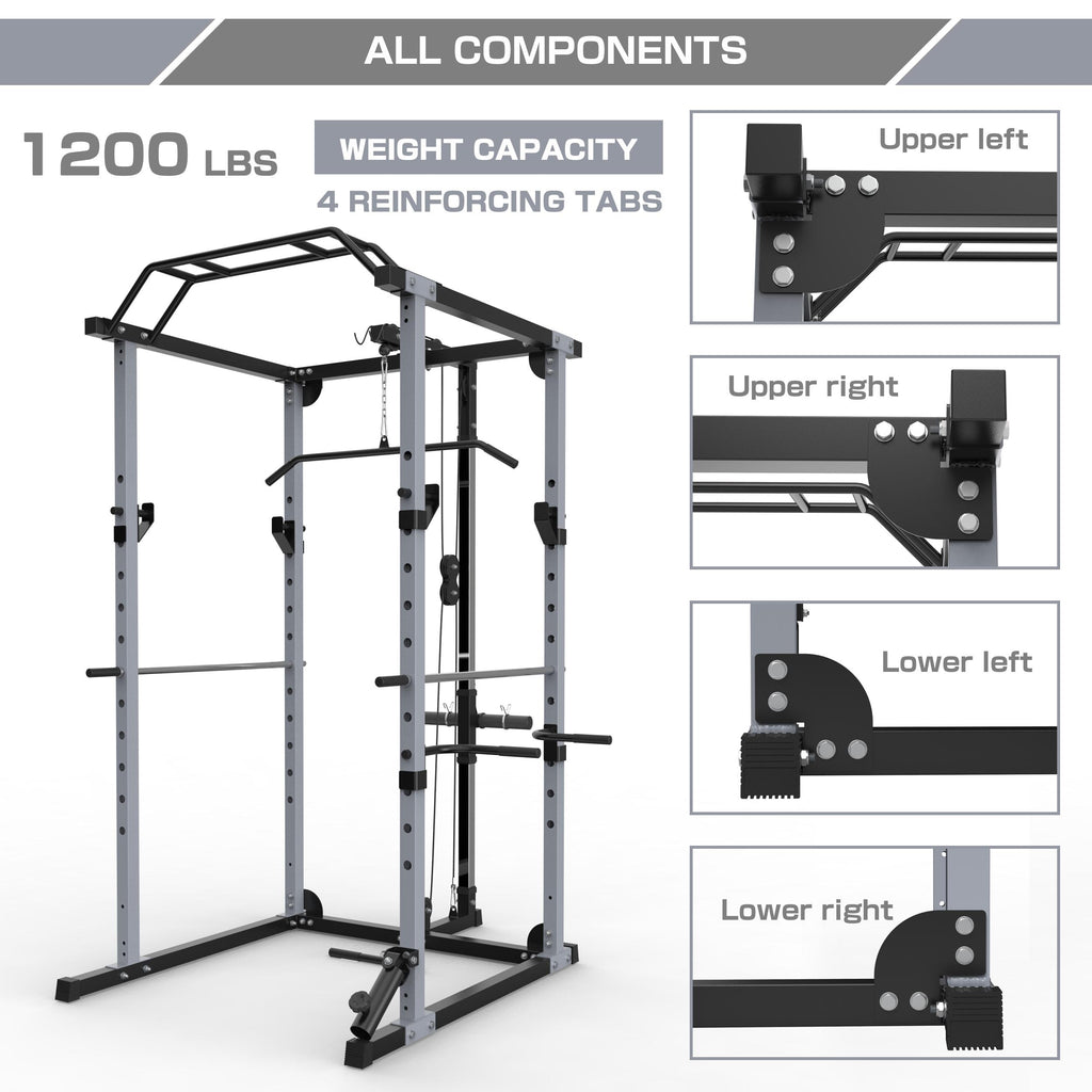 KJB 1200lbs Capacity Multi-Function Adjustable Power Cawith Lat Pull Down, Olympic Squat CaPower Rack, 360 Degree Landmine, T bar, and dip bar