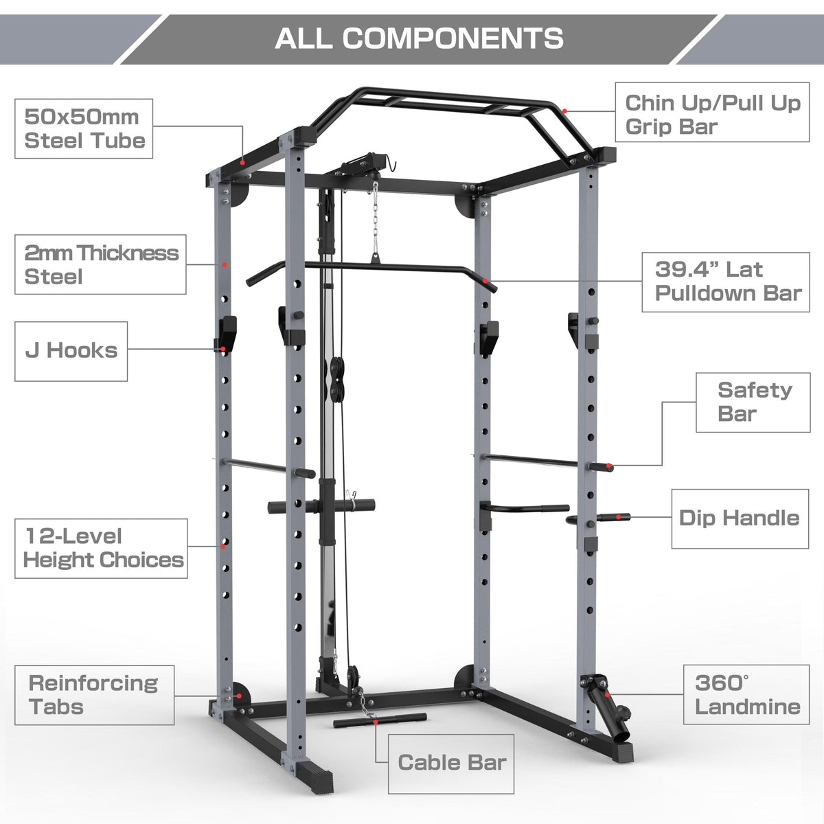 KJB 1200lbs Capacity Multi-Function Adjustable Power Cawith Lat Pull Down, Olympic Squat CaPower Rack, 360 Degree Landmine, T bar, and dip bar