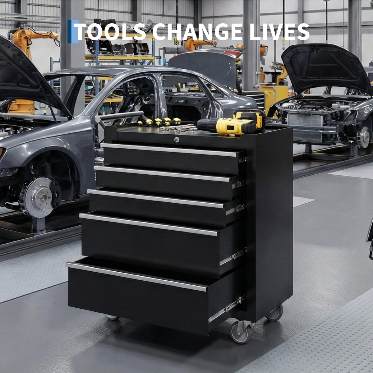 Rolling Tool Chest with Wheels, 5 Drawer Tool StoraCabinet, Portable Toolbox Organizer with Lock, Heavy Duty Tool Chest Cart for Garage, Mechanic, Workshop, Shop, Mobile Tool Organizer, Black