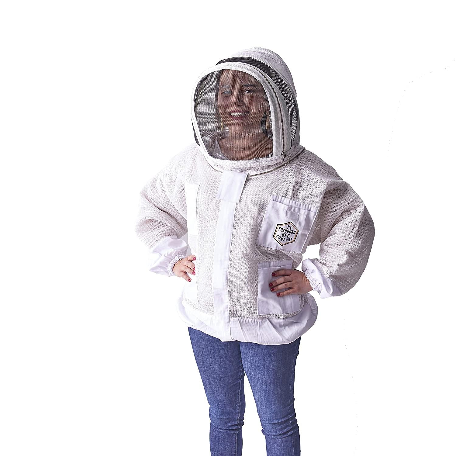 pro level triple layer white ventilated beekeeping jacket with easy open veil, removable fencing hood and sting proof breathable cool mesh for beekeeper comfort (5x-large)
