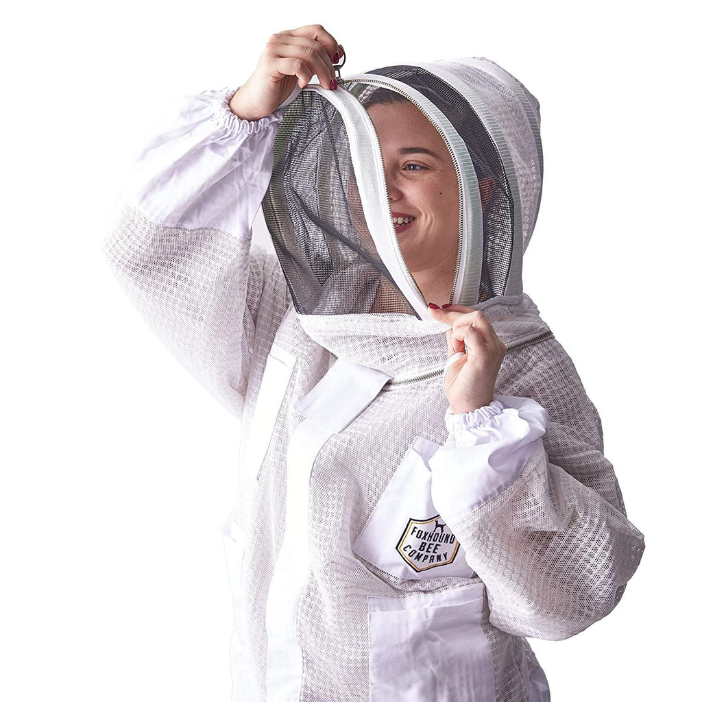 pro level triple layer white ventilated beekeeping jacket with easy open veil, removable fencing hood and sting proof breathable cool mesh for beekeeper comfort (5x-large)