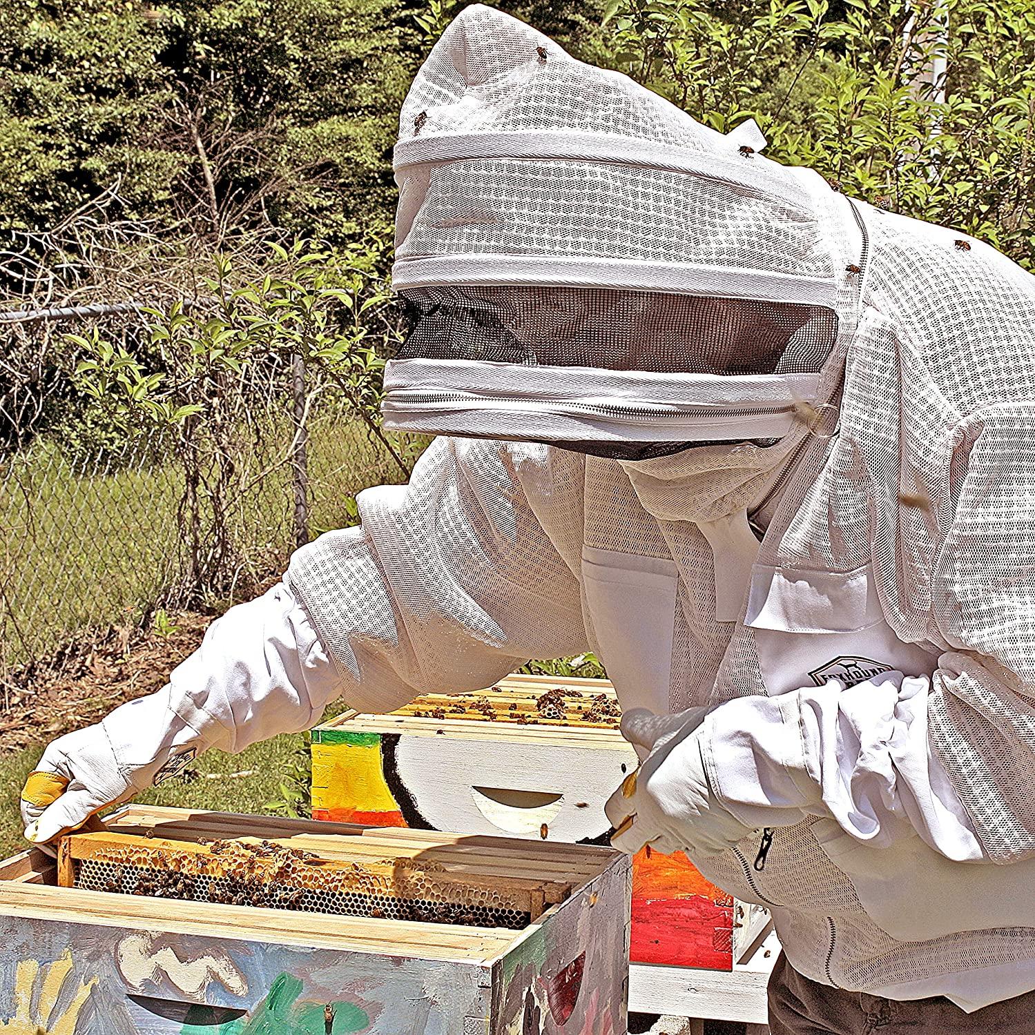 pro level triple layer white ventilated beekeeping jacket with easy open veil, removable fencing hood and sting proof breathable cool mesh for beekeeper comfort (5x-large)