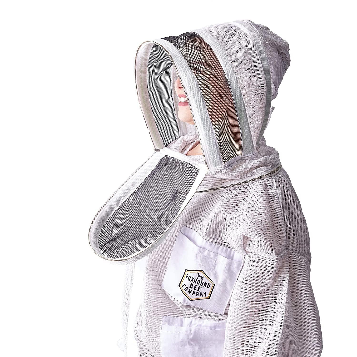 pro level triple layer white ventilated beekeeping jacket with easy open veil, removable fencing hood and sting proof breathable cool mesh for beekeeper comfort (5x-large)