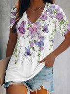 women  butterfly print turtleneck V-neck t-shit
