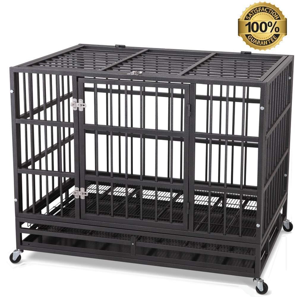JY QAQA PET Heavy Duty Dog CageStrong Folding Metal Crate Kennel and Playpen for Medium and LarDogs with Double Door, Two Prevent Escape Lock, Tray and Rolling Wheels (36 42 48")