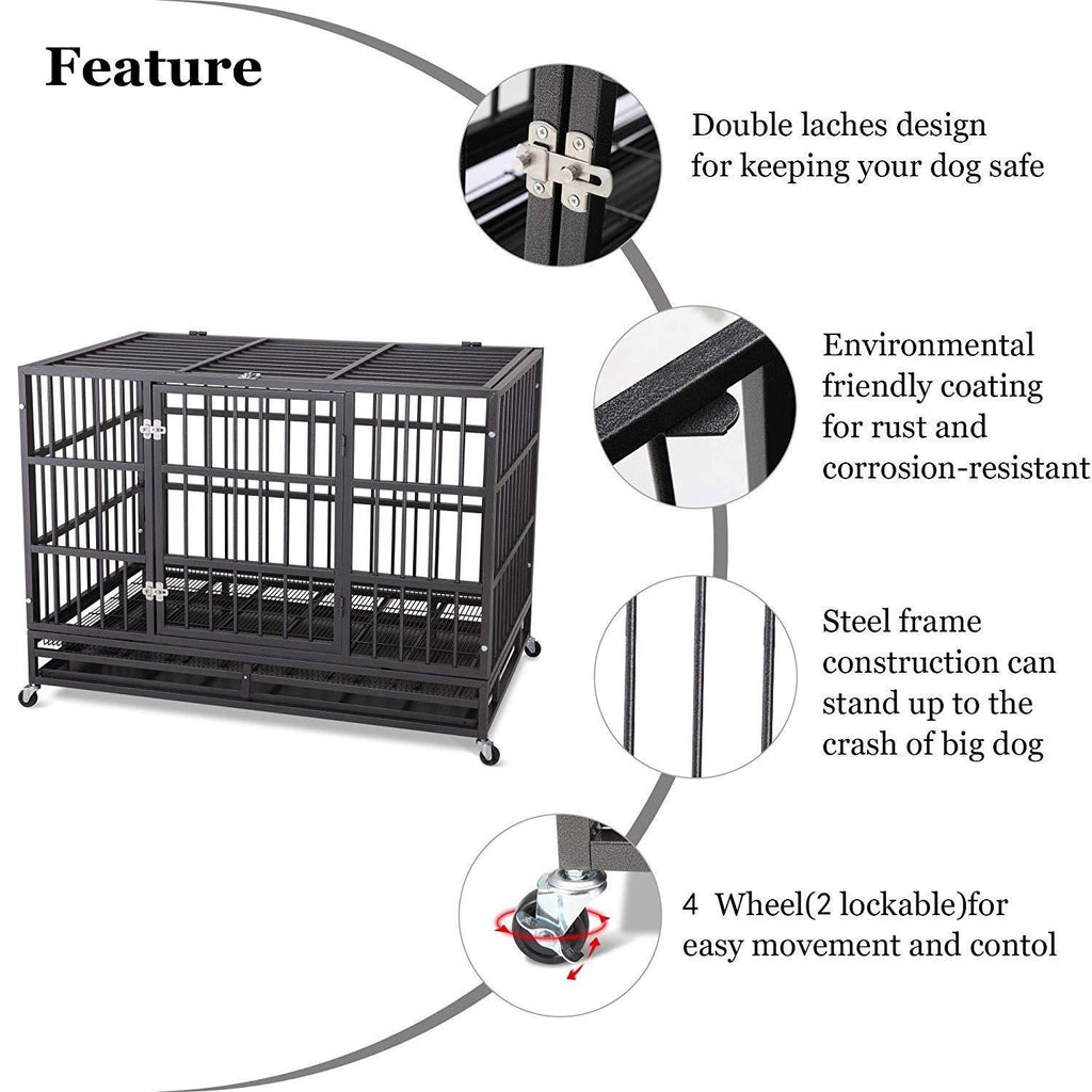JY QAQA PET Heavy Duty Dog CageStrong Folding Metal Crate Kennel and Playpen for Medium and LarDogs with Double Door, Two Prevent Escape Lock, Tray and Rolling Wheels (36 42 48")