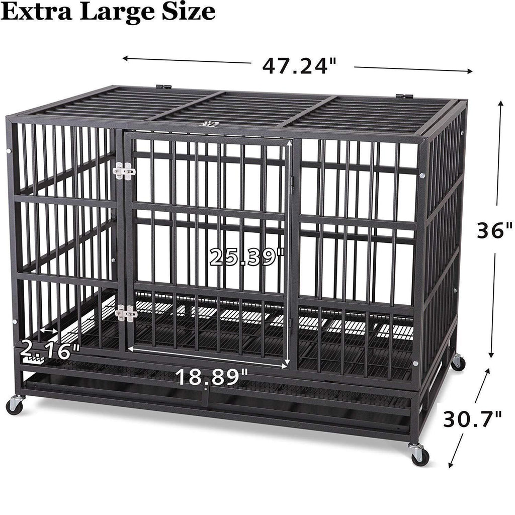 JY QAQA PET Heavy Duty Dog CageStrong Folding Metal Crate Kennel and Playpen for Medium and LarDogs with Double Door, Two Prevent Escape Lock, Tray and Rolling Wheels (36 42 48")