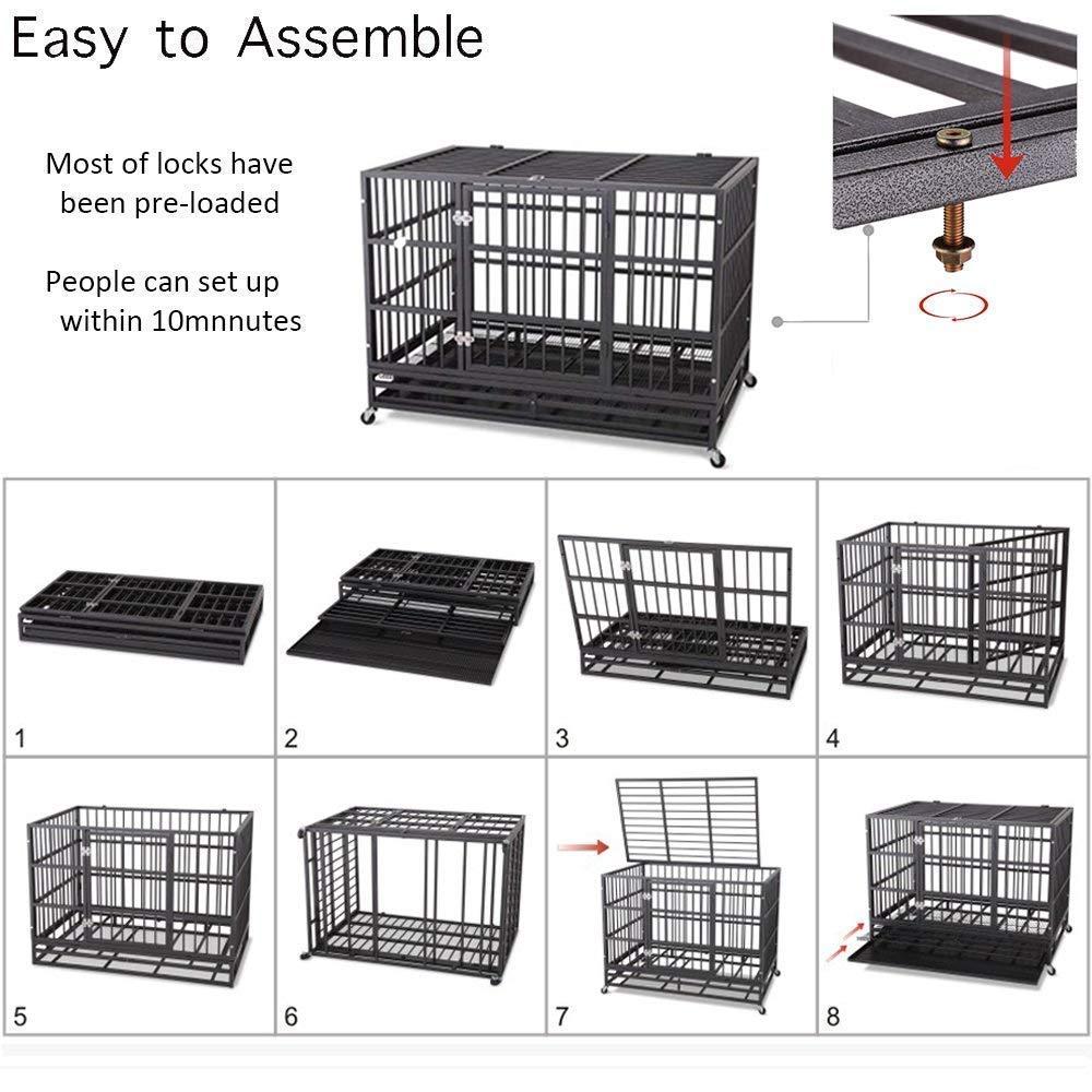 JY QAQA PET Heavy Duty Dog CageStrong Folding Metal Crate Kennel and Playpen for Medium and LarDogs with Double Door, Two Prevent Escape Lock, Tray and Rolling Wheels (36 42 48")