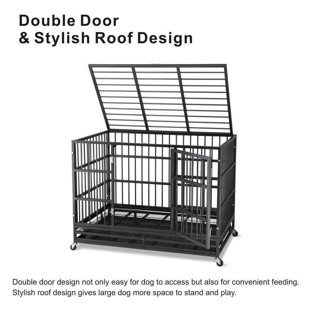 JY QAQA PET Heavy Duty Dog CageStrong Folding Metal Crate Kennel and Playpen for Medium and LarDogs with Double Door, Two Prevent Escape Lock, Tray and Rolling Wheels (36 42 48")