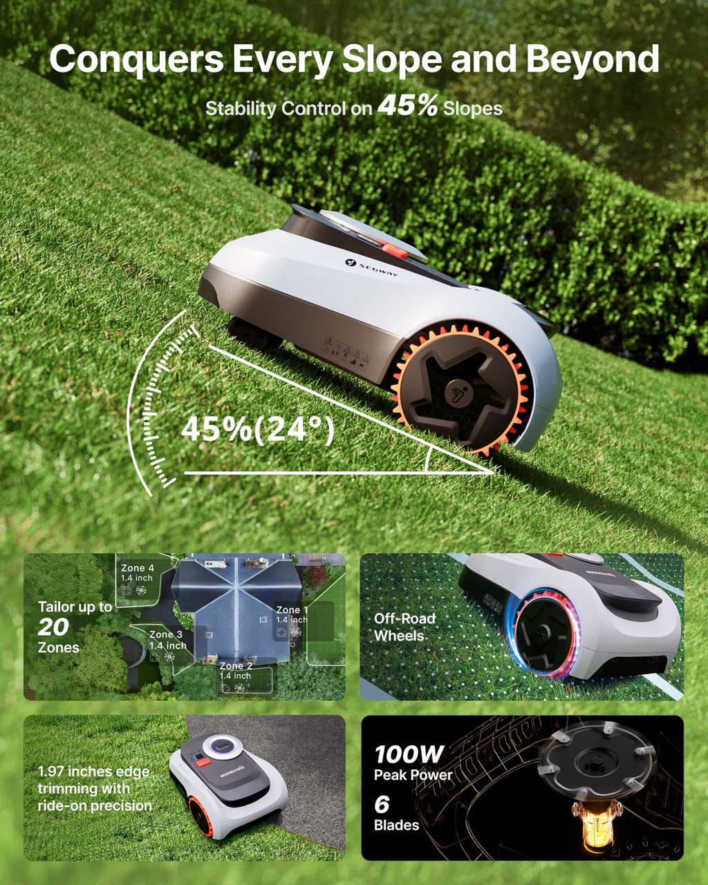 Segway  i215 LiDAR Robot Lawn Mower, Wire Robotic Lawn Mower for 0.37 Acre, LiDAR &amp; Vision Dual Fusion, Auto Mapping, Off-Road Wheels for 45% Slopes, Quiet 59 dB(A) Mowing