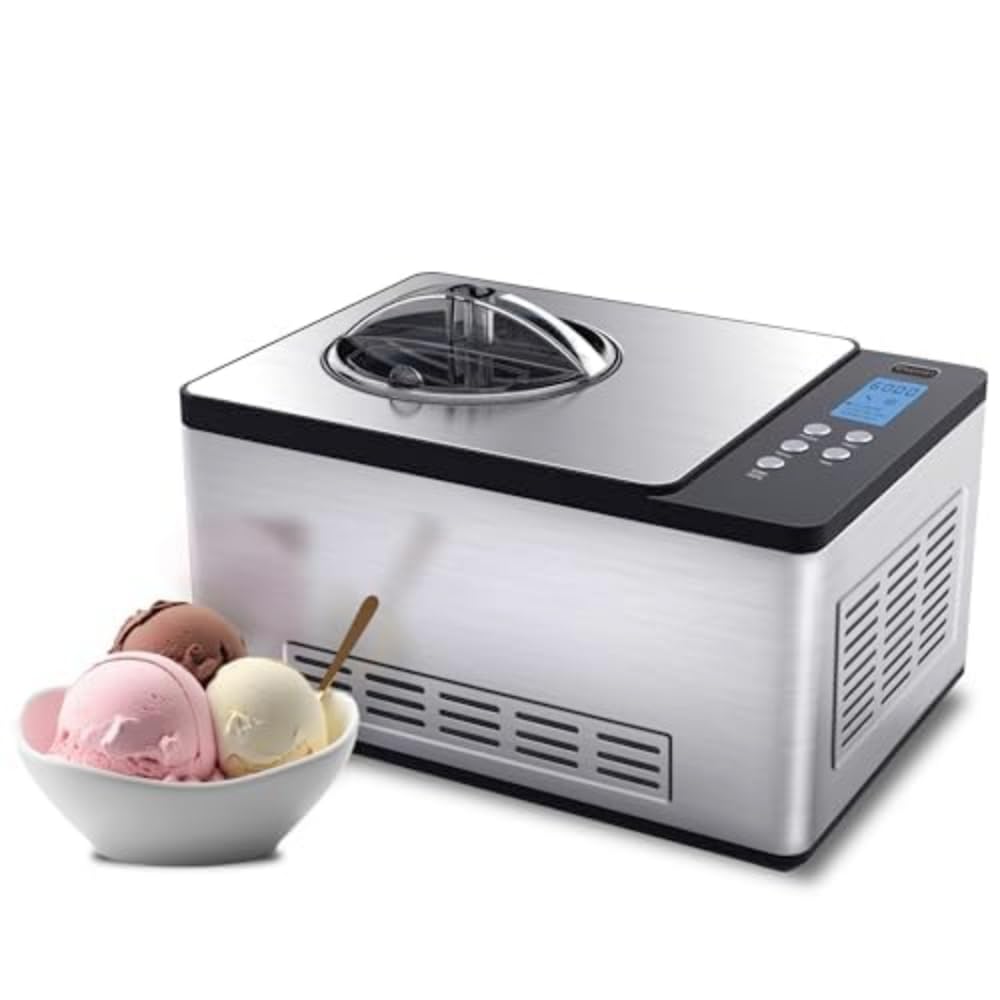 Ice Cream Maker Machine Automatic 2.1 Qt. with -In Compressor, LCD Digital Display & Timer, No Pre-Freezing, ICM-200LS,  Steel