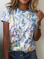 Color Leaf Print Round Neck Short Sleeve T-Shirt
