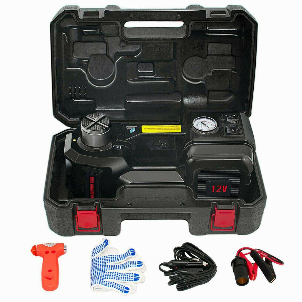 Car Jack Lift 5Ton 12V Electric Hydraulic Floor Jack Tire Inflator Pump Tool Kit