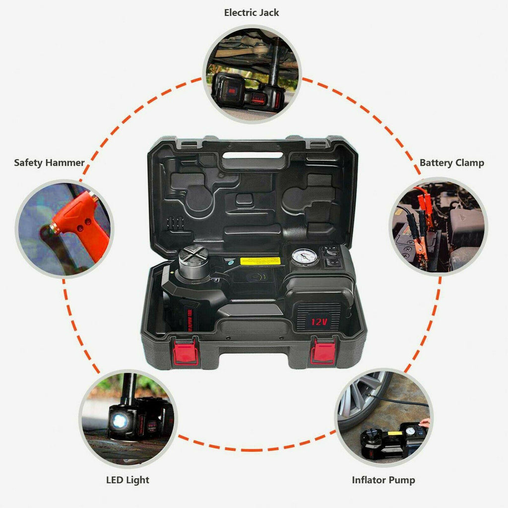 Car Jack Lift 5Ton 12V Electric Hydraulic Floor Jack Tire Inflator Pump Tool Kit