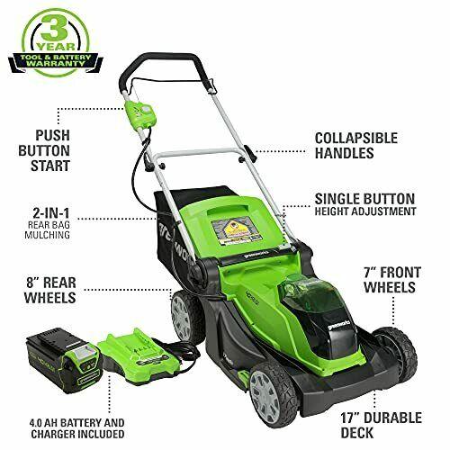 Greenworks 40V 17-Inch Cordless Lawn Mower 4Ah Battery and Charger MO40B411