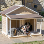 Antique LarDog House W Roof Solid Penthouse Kennels Crates Duplex 51x43x43 W Balcony &amp; Ez Entrance for Two Dogs. For Outdoor Dog Bed Has a Raised Bottom and Natural Insulation. White Wash