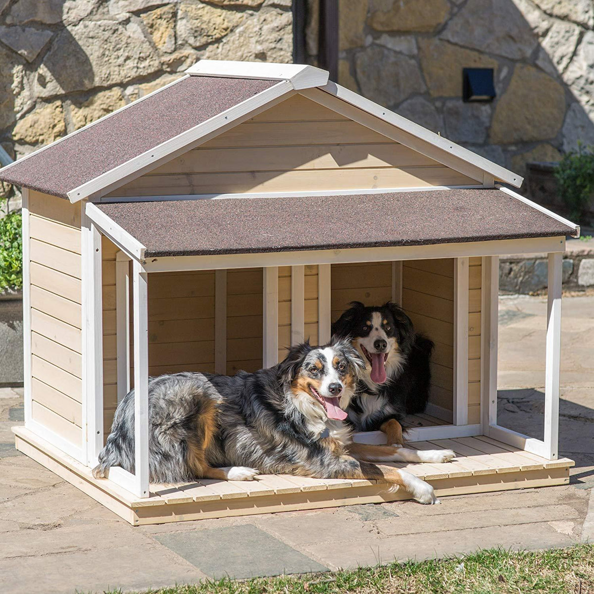Antique LarDog House W Roof Solid Penthouse Kennels Crates Duplex 51x43x43 W Balcony &amp; Ez Entrance for Two Dogs. For Outdoor Dog Bed Has a Raised Bottom and Natural Insulation. White Wash