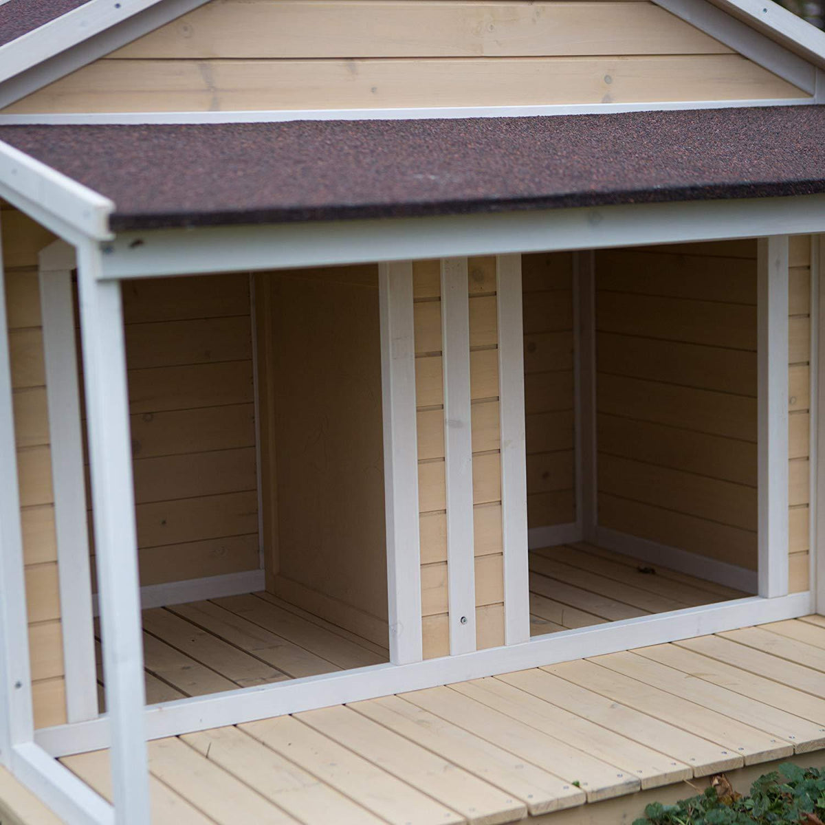 Antique LarDog House W Roof Solid Penthouse Kennels Crates Duplex 51x43x43 W Balcony &amp; Ez Entrance for Two Dogs. For Outdoor Dog Bed Has a Raised Bottom and Natural Insulation. White Wash