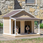 Antique LarDog House W Roof Solid Penthouse Kennels Crates Duplex 51x43x43 W Balcony &amp; Ez Entrance for Two Dogs. For Outdoor Dog Bed Has a Raised Bottom and Natural Insulation. White Wash