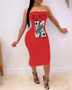 letter poker print bandeau slit dress