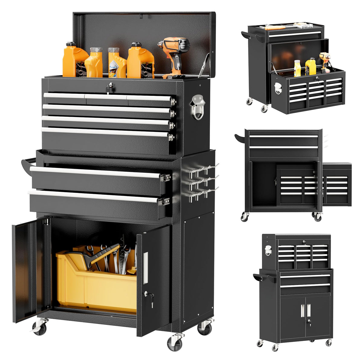 Metal Tool Chest, 8 Drawer Rolling Tool Chest with Wheels, Detachable Tool StoraCabinet with Lock for Garage, Assembled Steel Tool Cart with Liner & Hooks for Workshop, Warehouse (Black)