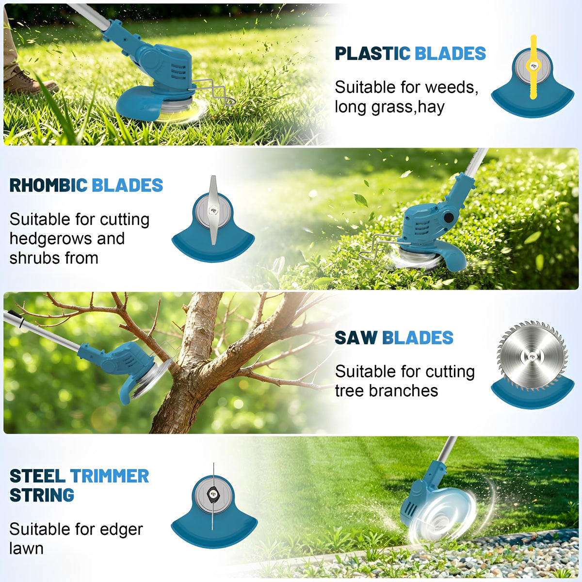 21V Electric Weed Wacker Cordless Weed Eater Battery Powered, String Trimmer Battery Operated, Lightweight 4 in 1 Grass Trimmer/Brush Cutter/Lawn Edger/Mower with Metal Blades &amp; Wheels for Garden Yard