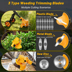 Electric Weed Wacker Cordless with Wheels,Electric Weed Eater Battery Powered,4 in 1 Grass Trimmer/Brush Cutter/Grass Edger/Small Lawn Mower,No String Trimmer with Metal Blade,2 Battery (Yellow)
