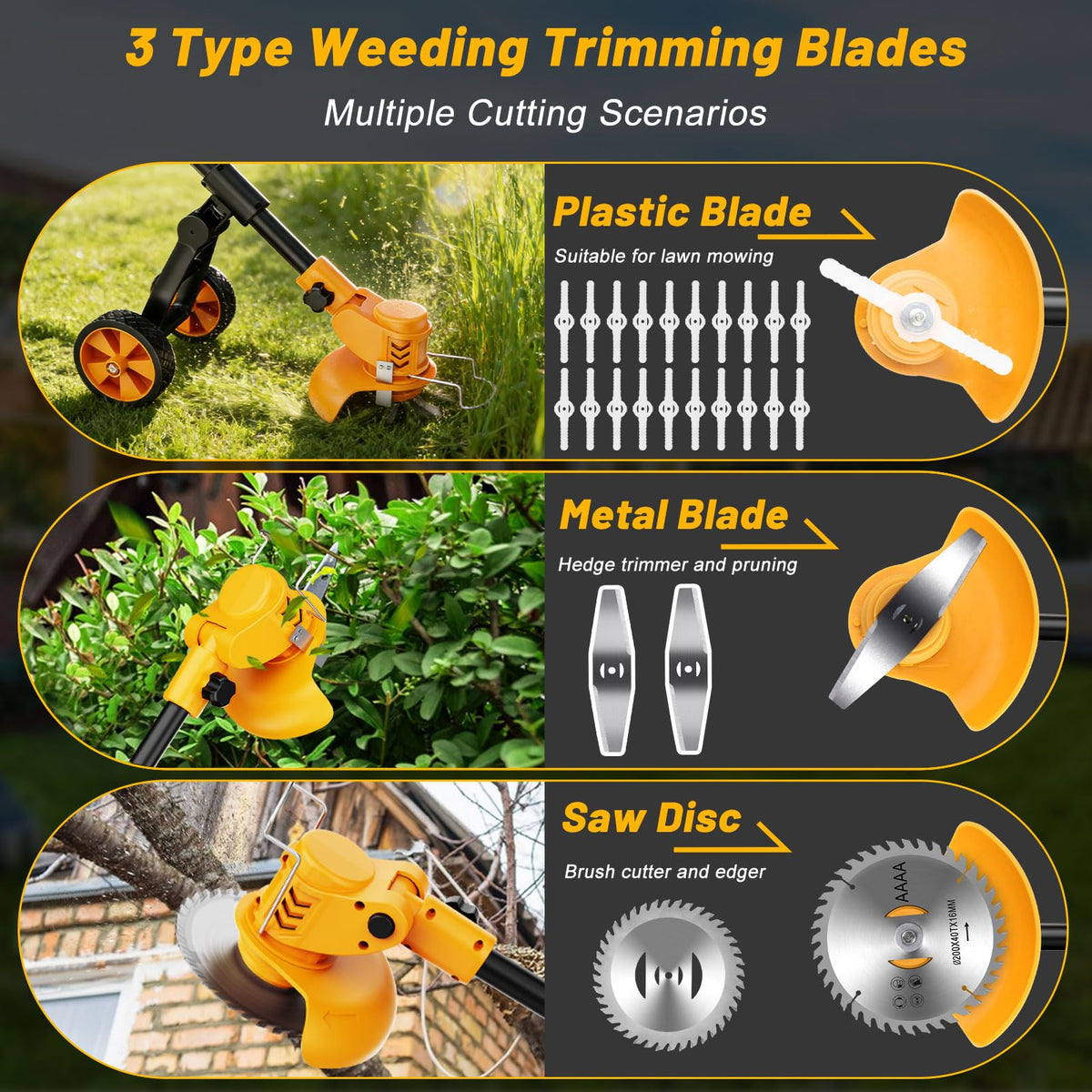 Electric Weed Wacker Cordless with Wheels,Electric Weed Eater Battery Powered,4 in 1 Grass Trimmer/Brush Cutter/Grass Edger/Small Lawn Mower,No String Trimmer with Metal Blade,2 Battery (Yellow)