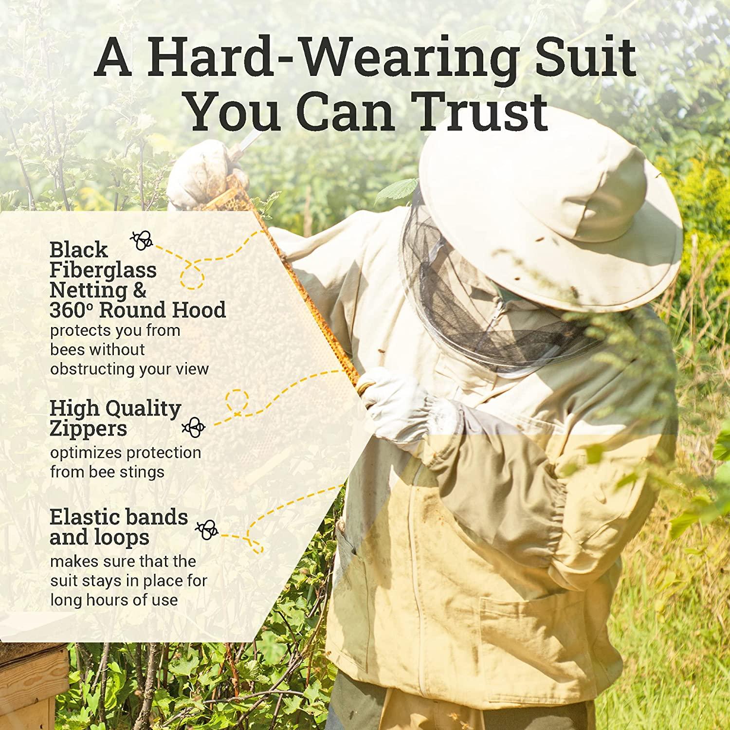 beeattire bee suit with round hood - cotton thick sting-less protection pro beekeeper suit beekeeper costume adult bee keeper costume beekeeping suit bee keeper suit ykk zippers (2xl)