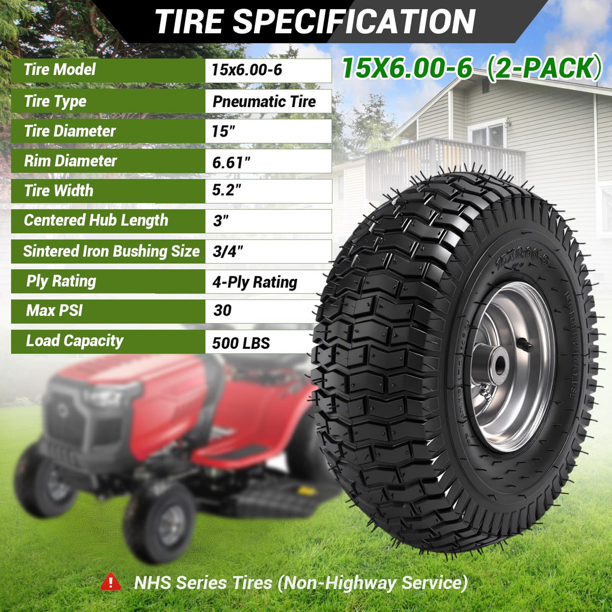 (2 Pack)  15x6.00-6nhs Lawn Mower Tires and Wheel Assembly, Replacement Riding Lawn Mower Front Tires, Compatible with    Lawn Mowers, 3/4" Bushings, 3" Centered Hub