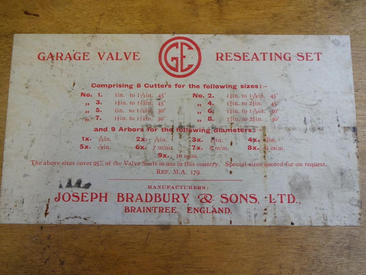 Joseph Bradbury and Sons GaraValve re-Seating Set 30 &45 degree