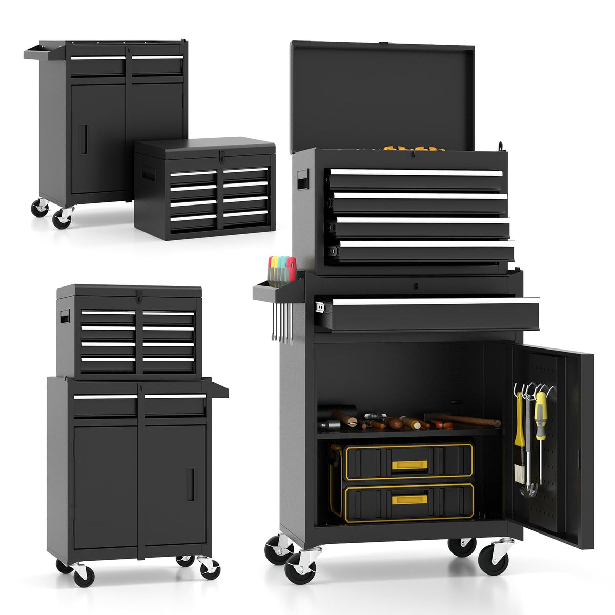 2-in-1 Rolling Tool Chest with 5 Drawers, Heavy-Duty Metal Tool Box with Wheels, Detachable Top Tool Box & Rolling Tool Cabinet for Garage, DIY (5-Drawers, Black)
