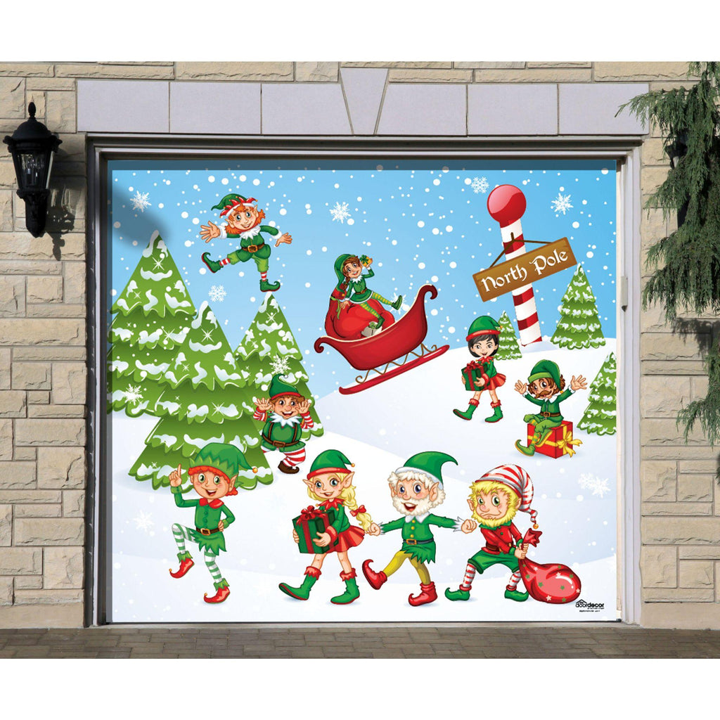 7' x 8' Red and Green "North Pole" Single Car Garage Door Banner