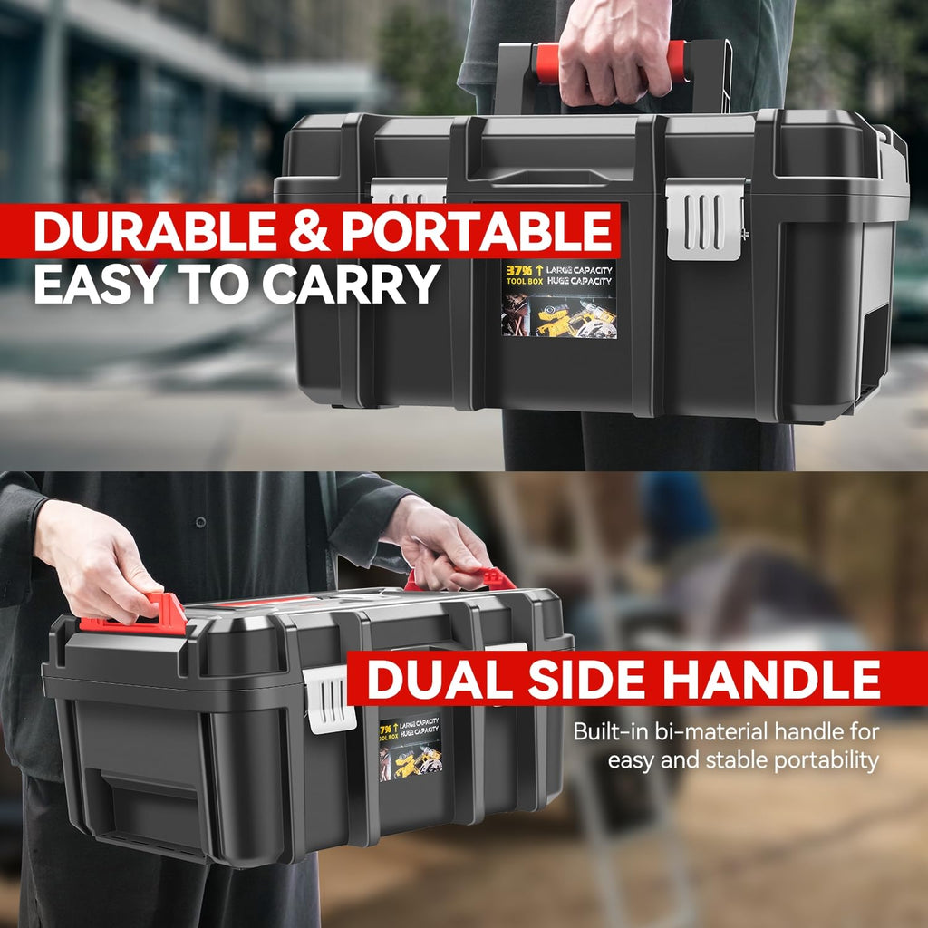 2Pcs Universal Lockable Organizer StoraTool Boxes with Removable Tray For GaraWorkshop and Household, High Capacity, Black/Red