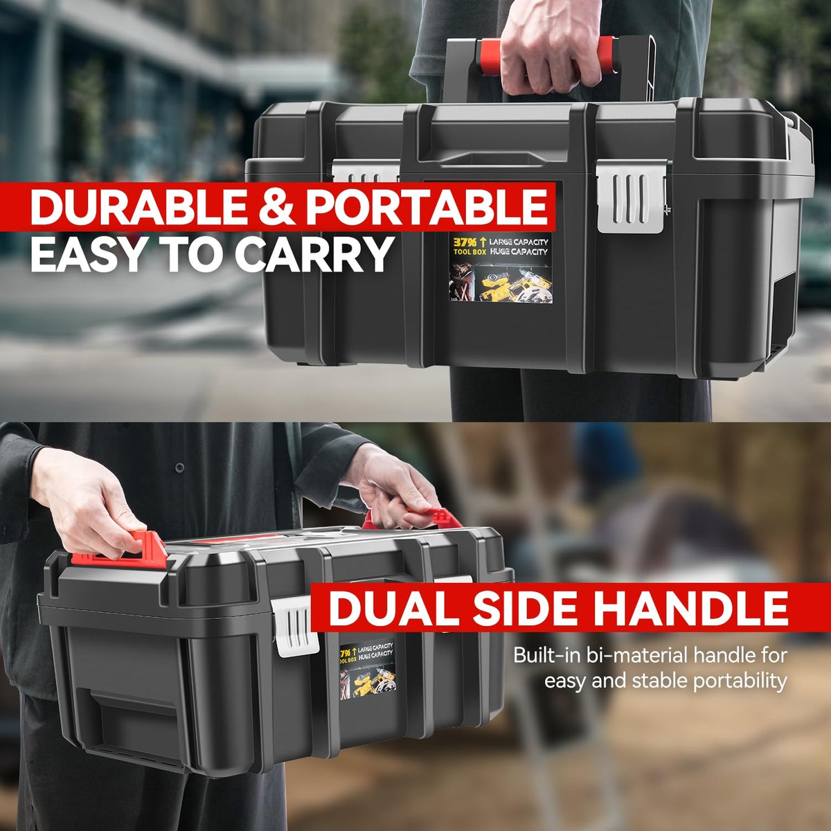 2Pcs Universal Lockable Organizer StoraTool Boxes with Removable Tray For GaraWorkshop and Household, High Capacity, Black/Red