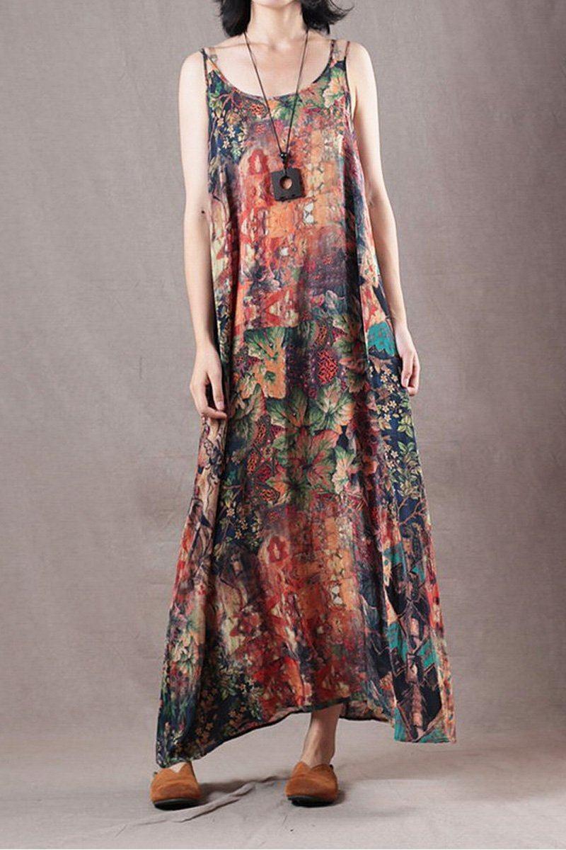 women new summer printed shoulder silk sleeveless dress